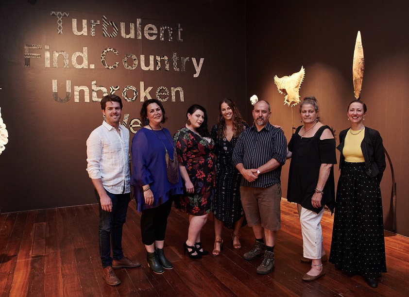 Artists Neil Aldum, Lisa Waup, Gillian Garvie, Tallara Grey, Dominic Bramsll-White, Beverley Meldrum and Rebecca Robinson at In Cahoots exhibition opening. Photography by Rebecca Mansell