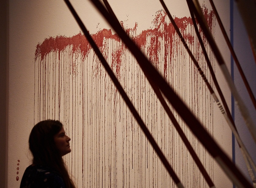 Curtis Taylor and Ishmael Marika, Blood portrait, 2017, blood, dimensions variable. Photography by Rebecca Mansell. Courtesy of the artists, Buku-Larrnggay Mulka Arts Centre and Fremantle Arts Centre