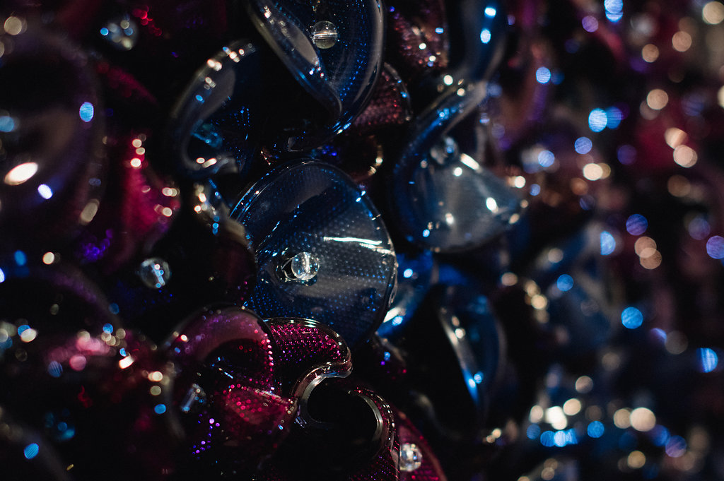 Dani Marti, Prelude (Purple) (detail), 2015, corner cube reflectors, glass beads on aluminium frame. Photography by Rhianna May