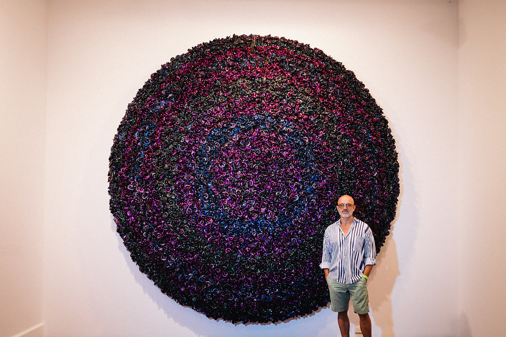 Dani Marti, Prelude (Purple), 2015, corner cube reflectors, glass beads on aluminium frame. Photography by Rhianna May
