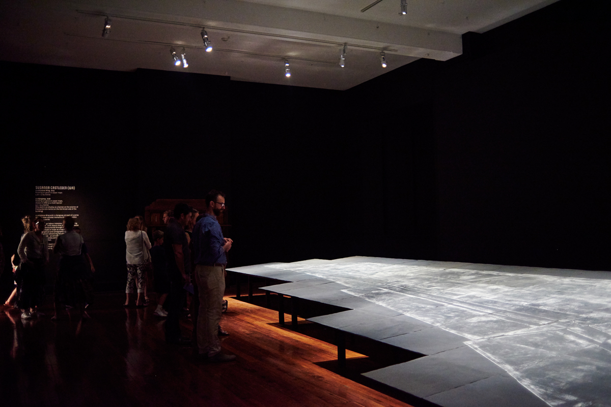 Susanna Castleden, 1:1 Airplane Wing, 2015, 4.16 × 12.69m, rubbing on gesso on paper maps. Photo by Rebecca Mansell
