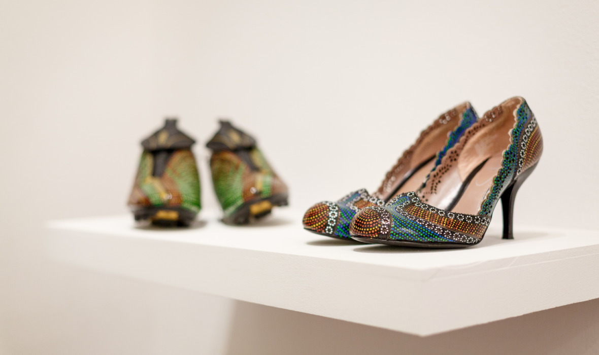 Works left to right: Toni Roe (AARTWORKS Development Program), Untitled – Footy Boots (Size US6), 2017; Untitled – Ladies High Heels, 2017; both acrylic on shoes, dimensions variable. Photography by Jessica Wyld
