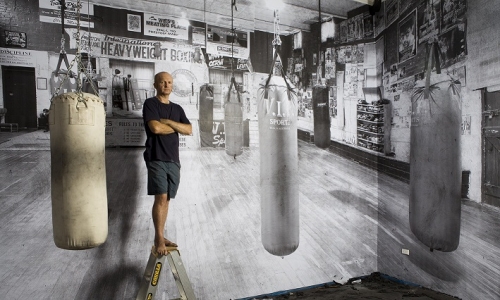 Richard Lewer, Northside Boxing Gym, charcoal on wall.2013. Photo: Bo Wong