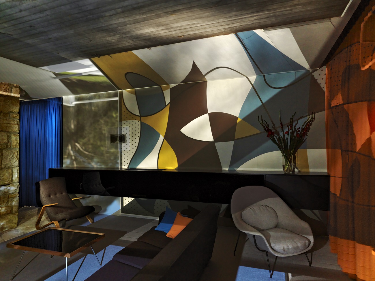 Robyn Stacey uses a camera obscura to project an outdoor modernist mural into the living room of the Rose Seidler House