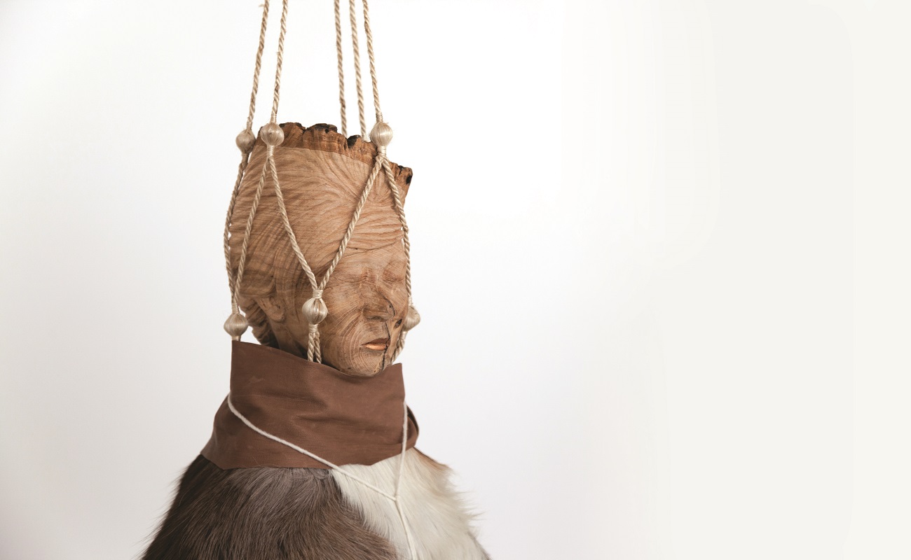 Wanda Gillespie, Seeker 1 (Fuyuko), 2016, woodcarving (ash), paint, fur, fabric, leather, string, 140 x 40 x 40cm. Image courtesy of the artist