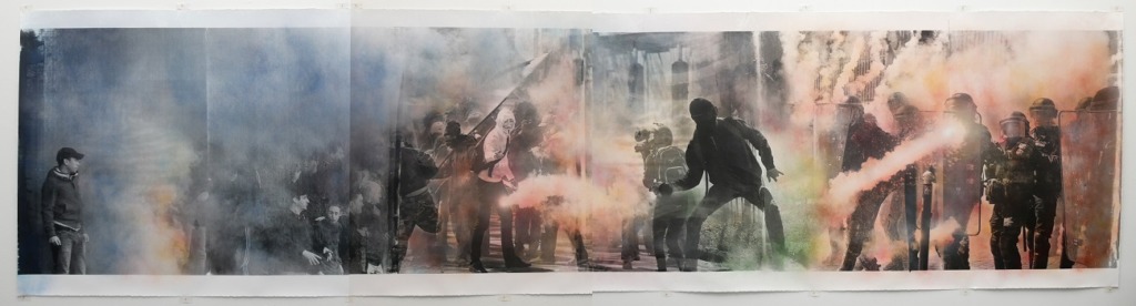 Evan Pank, Keeping the Bastards Honest, 2016, screen print, spray paint, 130×500cm