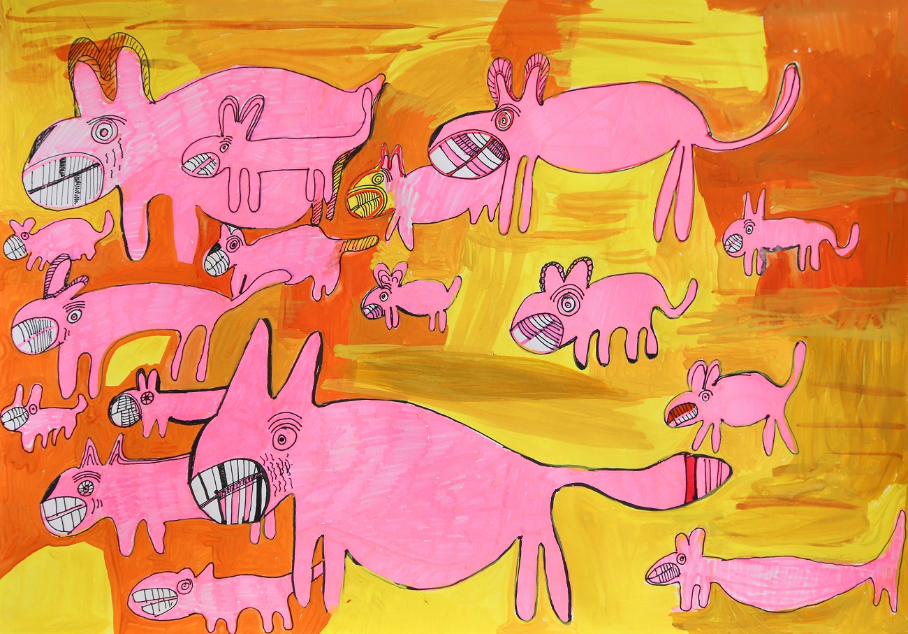 Patsy Mudgedell, Dogs on edge, 2018, gouache, colour texta and black fineliner on cartridge paper, 29.7 x 42cm