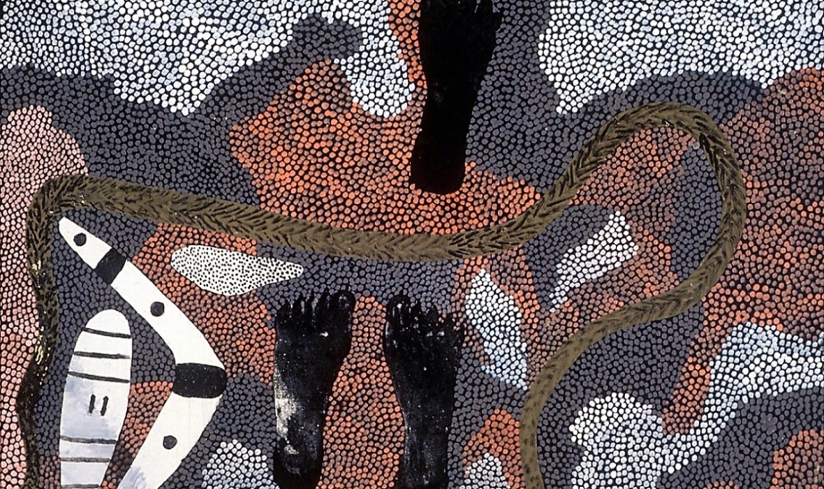 Tim Leura Tjapaltjarri, Aboriginal people meeting first white settlers at the Swan River, 1979, acrylic paint on canvas on board, 76.5 x 109cm. Donated by Ken Colbung, 1988. City of Fremantle Art Collection