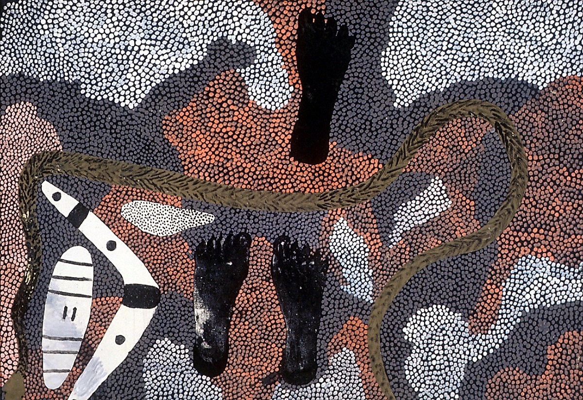 Tim Leura Tjapaltjarri, Aboriginal people meeting first white settlers at the Swan River, 1979, acrylic paint on canvas on board, 76.5 x 109cm. Donated by Ken Colbung, 1988. City of Fremantle