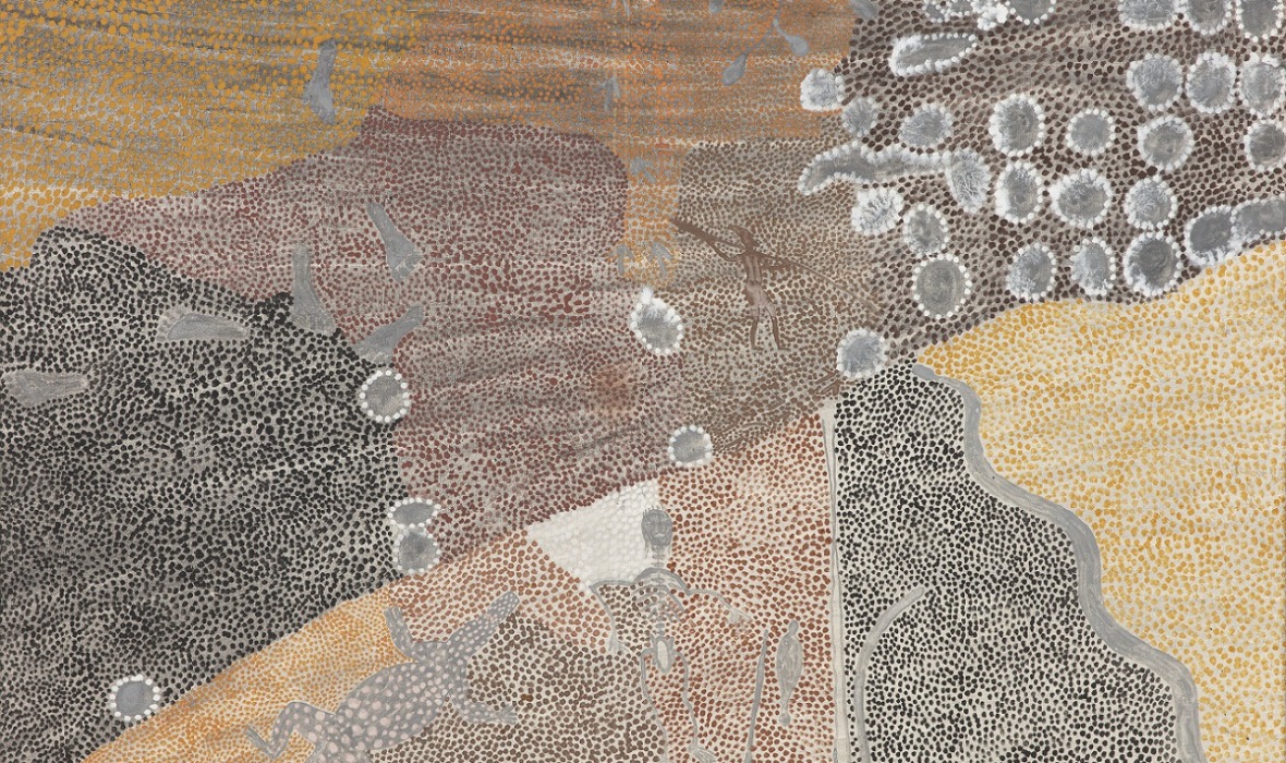 Tim Leura Tjapaltjarri, Hunter Dreaming, 1979, ochres on canvas, 103 x 143cm. Donated by Ken Colbung, 1988. Courtesy City of Joondalup Art Collection