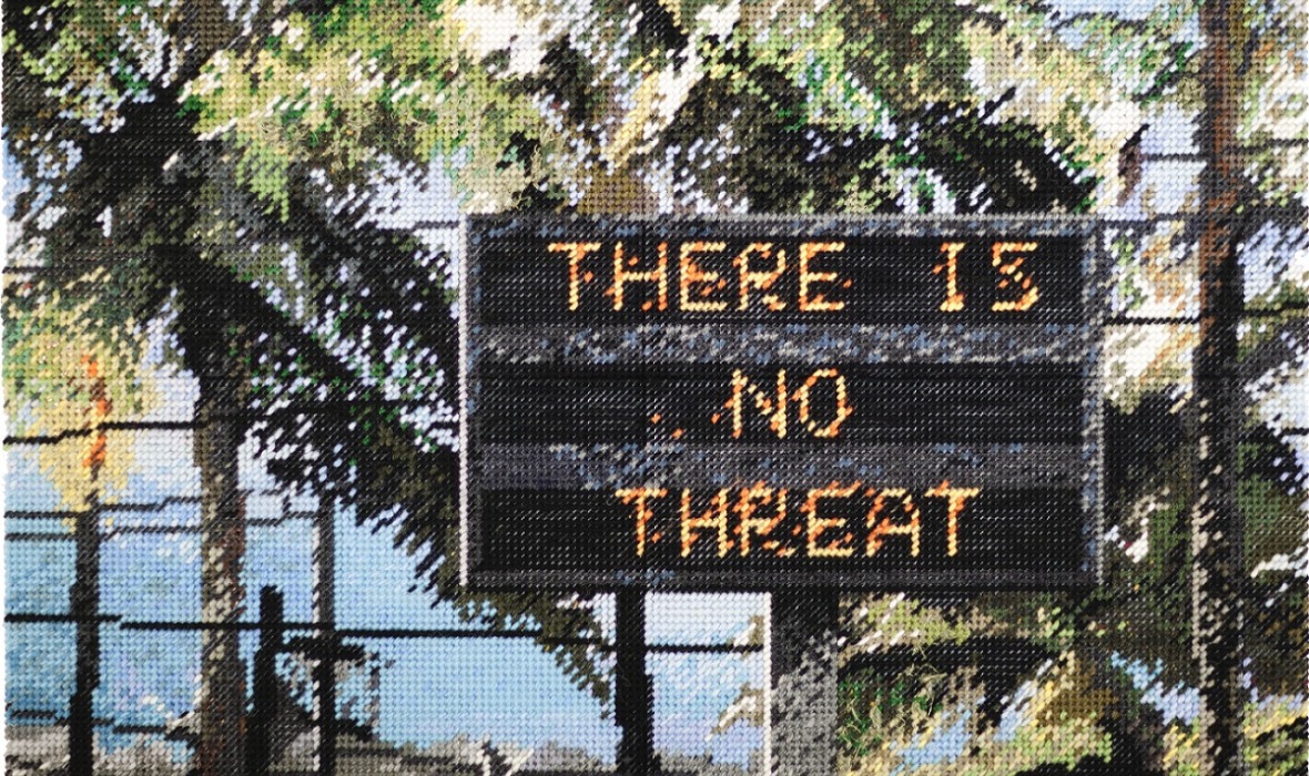 Michelle Hamer, There is No Threat (detail), 2019, hand-stitching on perforated plastic, 51 x 66cm. Image courtesy & copyright the artist