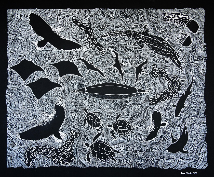Rory Charles, Saltwater Country Kalumburu (detail), 2021, paint pen on black paper, 61 x 81cm. Image courtesy the artist