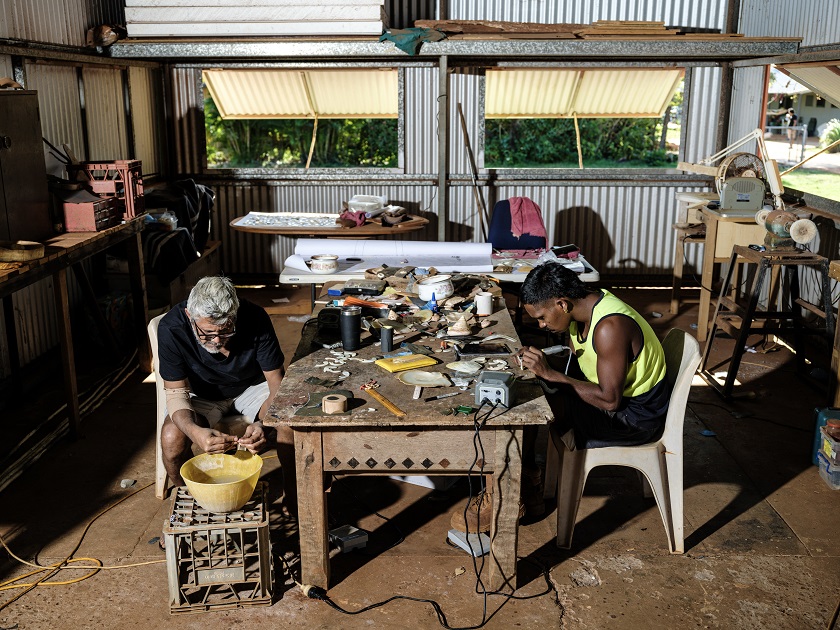 Darrell and DJ Sibosado working in their Lombadina studio. Photo by Michael Jalaru Torres